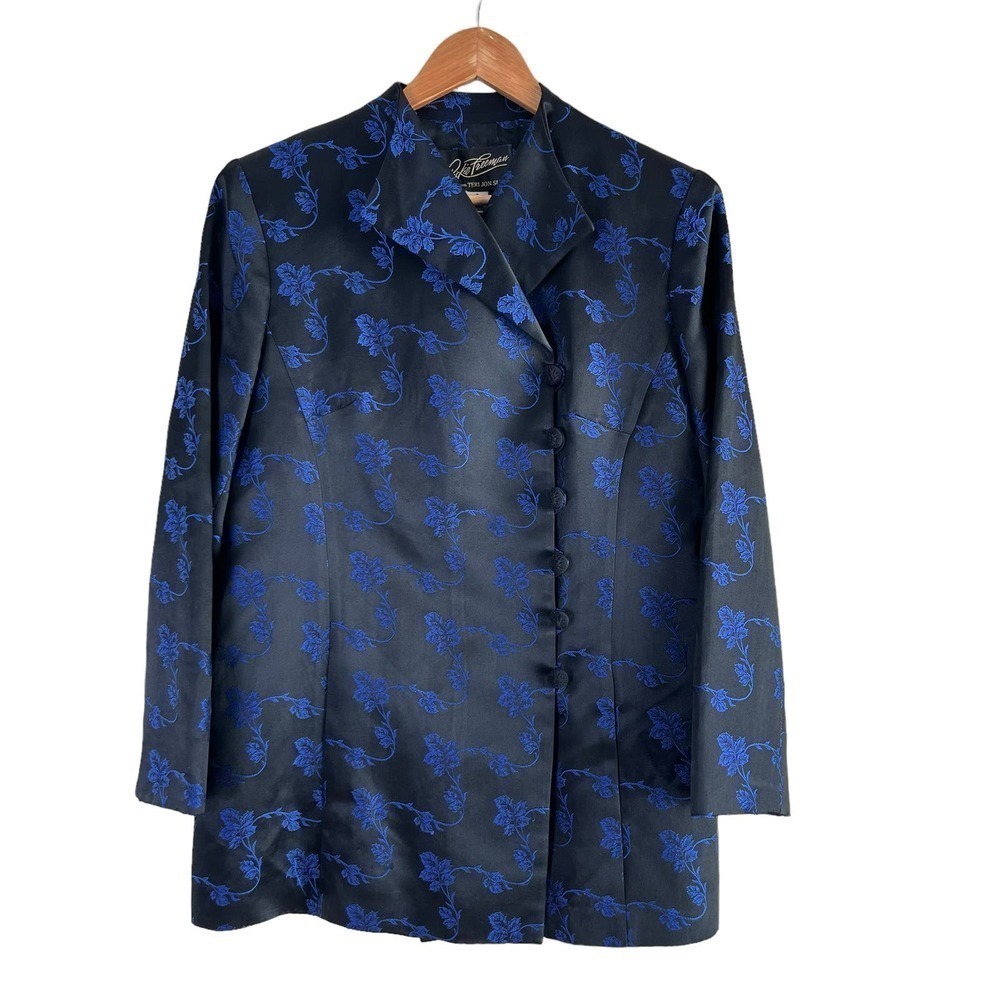 Vintage 80s Floral Jacquard‎ Jacket by Rickie Freeman in Black and Blue, Size 8